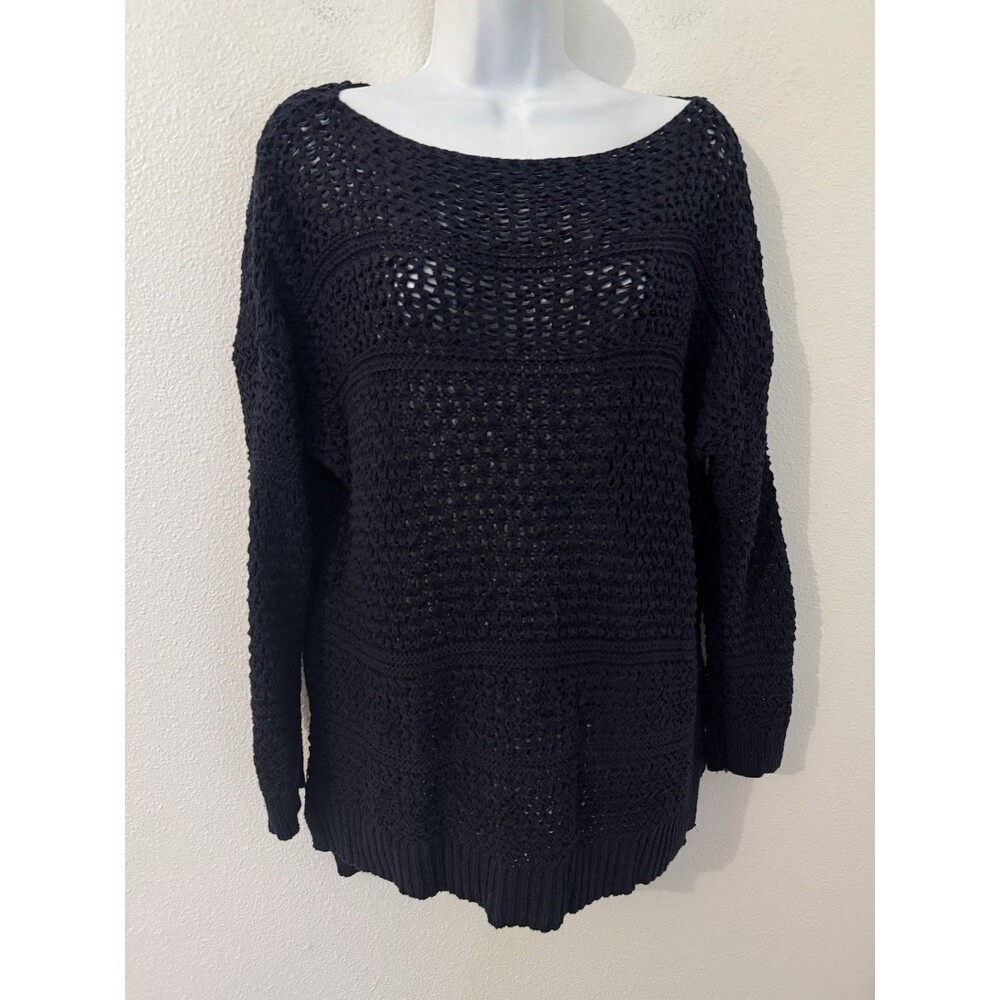 Loft Sweater Womens Size L Navy Blue Open Knit Chunky Boat Neck Office